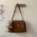 Brown vintage tie-dye shoulder bag with chain strap and cute bunny plush charm - Brown with Pendant