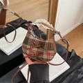 Mini retro check pattern woolen handbag with leather bows and delicate lace trim - Plaid Brown