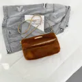 Brown plush faux fur crossbody bag with leather strap and metal logo flap for autumn - Brown