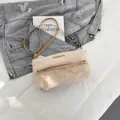 Chic apricot plush crossbody bag with fold-over flap and slim leather shoulder strap - Khaki
