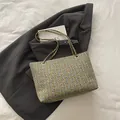 Groene en beige tweed geweven shopper met ketting en elegante ruitjesstructuur - Groen