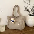 Minimalist khaki corduroy tote bag with bear charm and side drawstring pockets - Khaki With Pendant