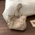 Sac fourre-tout minimaliste en velours côtelé beige avec poches latérales à cordon - Sans pendentif / Kaki (Sans Pendentif)
