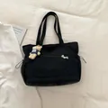 Black corduroy tote bag with large capacity, featuring a cute bear keychain charm - Black (With Charm)
