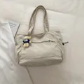 Light beige corduroy tote bag with side drawstring pockets and a cute plush bear charm - White (With Charm)