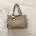 Khaki corduroy tote bag with front zipper pocket and cute plush bear keychain charm - Khaki (With Charm)