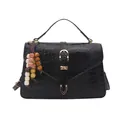 Sac à main noir texture crocodile avec pompon en perles colorées et boucle dorée chic - Crocodile / Noir avec Pendentif
