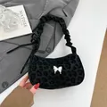 Fashionable black leopard print underarm bag with silver butterfly and ruched strap - Black