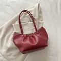 Elegant burgundy pleated tote bag in soft PU leather with gold fashion text - Red