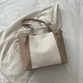 Minimalist beige and light brown patchwork tote bag in PU leather with gold buckles - Khaki
