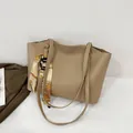 Minimalist large beige tote bag with decorative patterned scarf and dual shoulder straps - Khaki