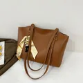 Brown large capacity tote bag in minimal PU leather design with decorative silk scarf - Brown