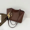 Brown large capacity tote bag with white contrast stitching and decorative silk scarf - Brown