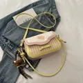 Pink and yellow plaid crossbody bag with bow detail and a plush bear keychain charm - With Pendant / Apricot Yellow Pink