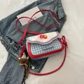 Cute apple crossbody bag in blue and white plaid with bow and plush bear charm - With Pendant / Crimson