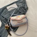 Pink and blue checkered apple-shaped shoulder bag with cute bow and bear pendant - With Pendant / Soft Mist Blue