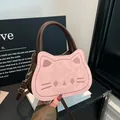 Sac bandoulière chat rose mignon avec anses en cuir marron et finitions dorées - Rose
