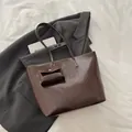 Minimalist large brown tote bag with matching small coin pouch in glossy leather - Brown