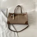 Brown herringbone fabric tote bag with leather trim and beaded charm detail - With Pendant / Brown