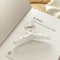 Detail einer großen transparenten Haarklammer aus Acryl mit Goldfeder auf einem Buch - Transparent