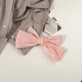 Dettaglio macro di un grande fermaglio per capelli con fiocco di raso rosa perlato - Rosa