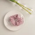 Gros plan d'un chouchou en tissu plissé rose avec texture gaufrée sur assiette en céramique - Texturé Rose