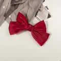 Détail macro du nœud papillon en satin rouge brillant sur fond de tissu gris clair - Rouge