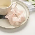 Detailed close-up of light pink satin organza scrunchie on a white ceramic plate - Apricot