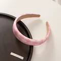 Detail of pink checkerboard wide sponge headband with non-slip lining on wooden tray - 7# Headband - Pink