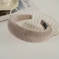 Detail of plush faux rabbit fur headband in light brown with handmade label inside - Grey Coffee