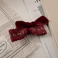 Close-up of velvet and tweed wine red bow hair clips on elegant background - 1#Red