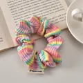 Macro view of blue striped hair scrunchie with colorful rainbow pattern and fabric label - Rainbow Striped - Regular