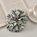 Close-up of pleated striped scrunchies in vibrant colors on a cozy lifestyle background - Green Pink Striped - Double Layer