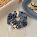 Blue velvet polka dot scrunchie with lace detail and handmade wood button accessory - Blue