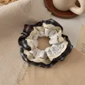 Plaid scrunchie with lace trim in dark grey and light blue, retro fabric hair tie - Blue Gingham Lace Scrunchie