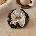 Retro plaid hair scrunchie featuring elegant white lace trim for a vintage look - Red Plaid Lace Scrunchie