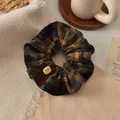 Plaid checkered scrunchie in brown and blue with bow and button detail accessory - Yellow Plaid Button Scrunchie