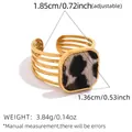 Adjustable gold ring with animal print faux horsehair inlay and square metal frame - Square Hollow Band Ring (241024-9)