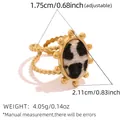Adjustable golden open ring with black and white cow print faux fur round inlay - Round Beaded Edge Style (JZ1103-7) / Cow Print Gold