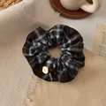 Navy plaid scrunchie with brown silk bow and button detail in retro academy style - Blue Plaid Button Scrunchie