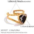 Adjustable golden twist ring with black and white cow print triangular inlay - Triangle Double Rope Band (241024-4) / Cow Print Gold
