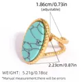 Vintage golden stainless steel ring featuring large oval turquoise and adjustable band - Large Oval Turquoise Style (A18-6-2512232) / Adjustable Open