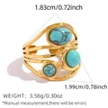Vintage stainless steel ring with turquoise stones and a gold multilayer cutout design - Triple Round Stone Hollow Style (A18-6-2512239) / Adjustable Open