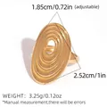 Macro detail of adjustable gold oval ring with concentric textures and size dimensions - Gold Solid Color Style / Adjustable Open / Gold Style (A14-5-250817-4)