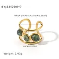 Detailed view of wave-textured 18K gold ring with green natural stones and measurements - Spotted Green Stone Style (BYJZ240609-7)