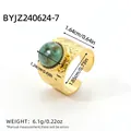 Detail view of 18K gold hammered texture ring with green stone and size measurements - Gold Hammered Texture Style (R01-2-240624-7)