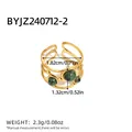 Detail view of 18K gold plated stainless steel ring with green natural stones and dimensions - Multi-layer Wave Hollow Style (R01-2-240712-2)