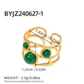 French style 18K gold plated stainless steel ring with three green stones inlay - Multi-layer Hollow Three Stones Style (R01-2-240627-1)