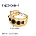 Detailed view of triple-layered woven 18K gold ring with black gemstone accents - Adjustable Open / Gold Inlaid Black Stone (BYJZ240626-4)