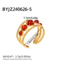 Detailed macro view of 18K gold stainless steel ring with red stones and rope texture - Adjustable Open / Gold Inlaid Red Stone (BYJZ240626-5)
